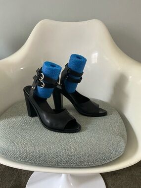 Rag & Bone Black Leather Open-Toe Double Ankle-strap Block Heel. Size 38
